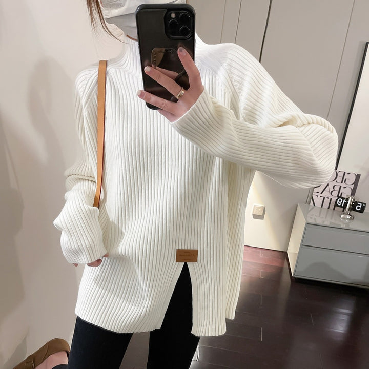 Ladies Modern Knit Sweater with High Collar and Chic Asymmetrical Cut