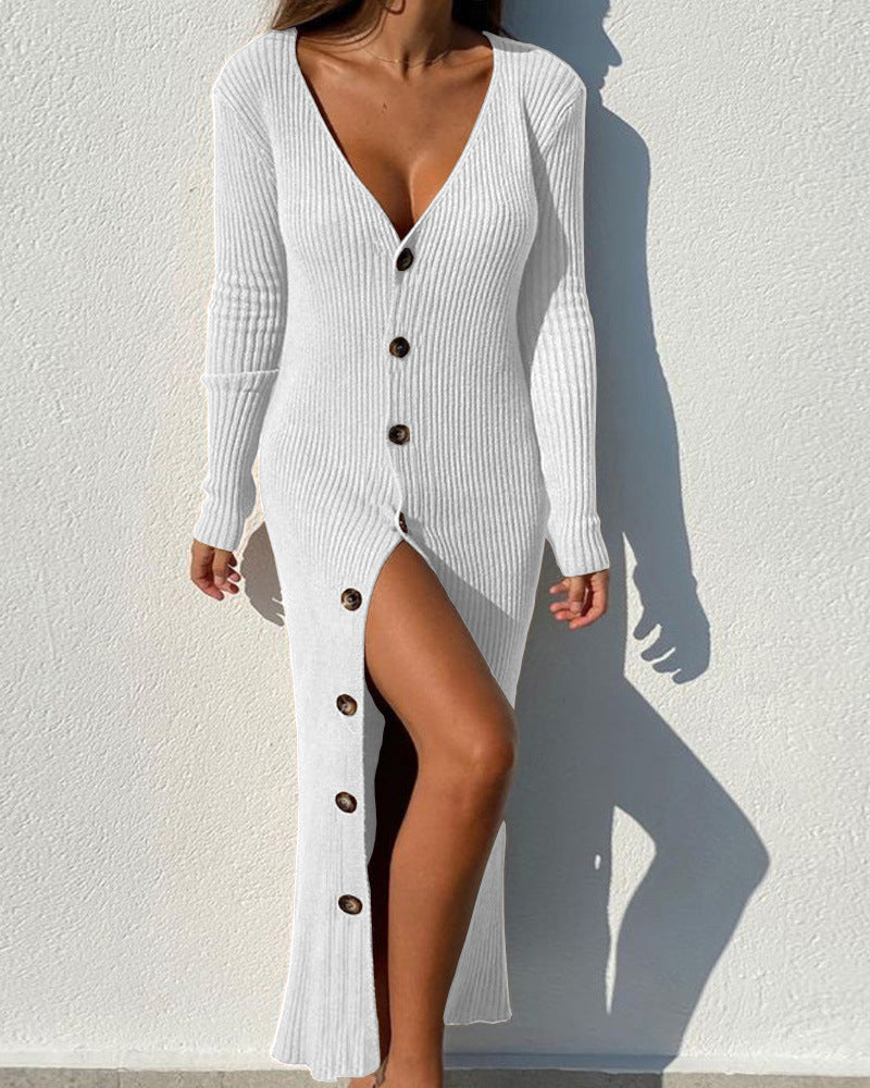 Knit dress for women with button placket and split neckline Lune London