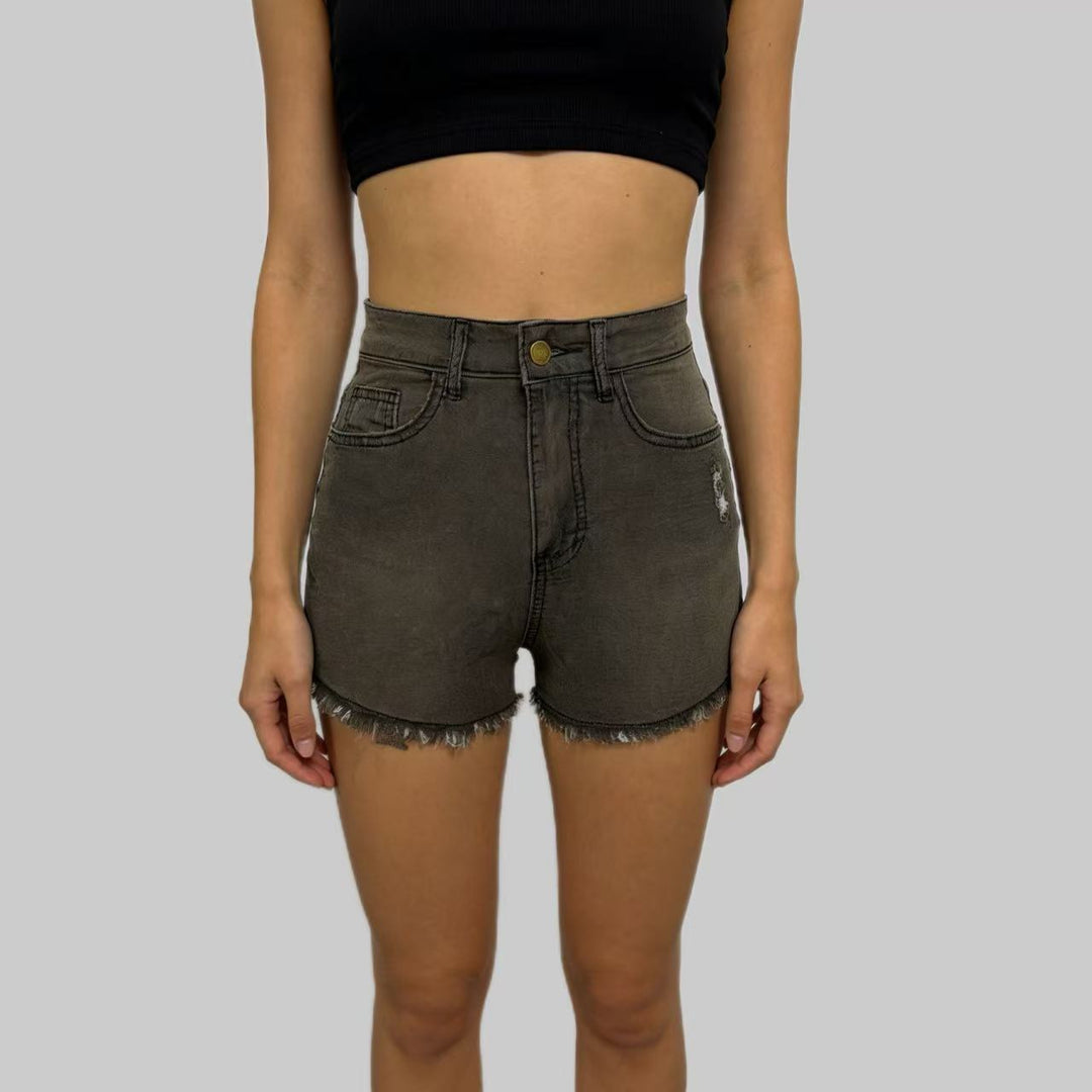 Women's High-Cut Denim Shorts in Trendy Fringe Look Lune London