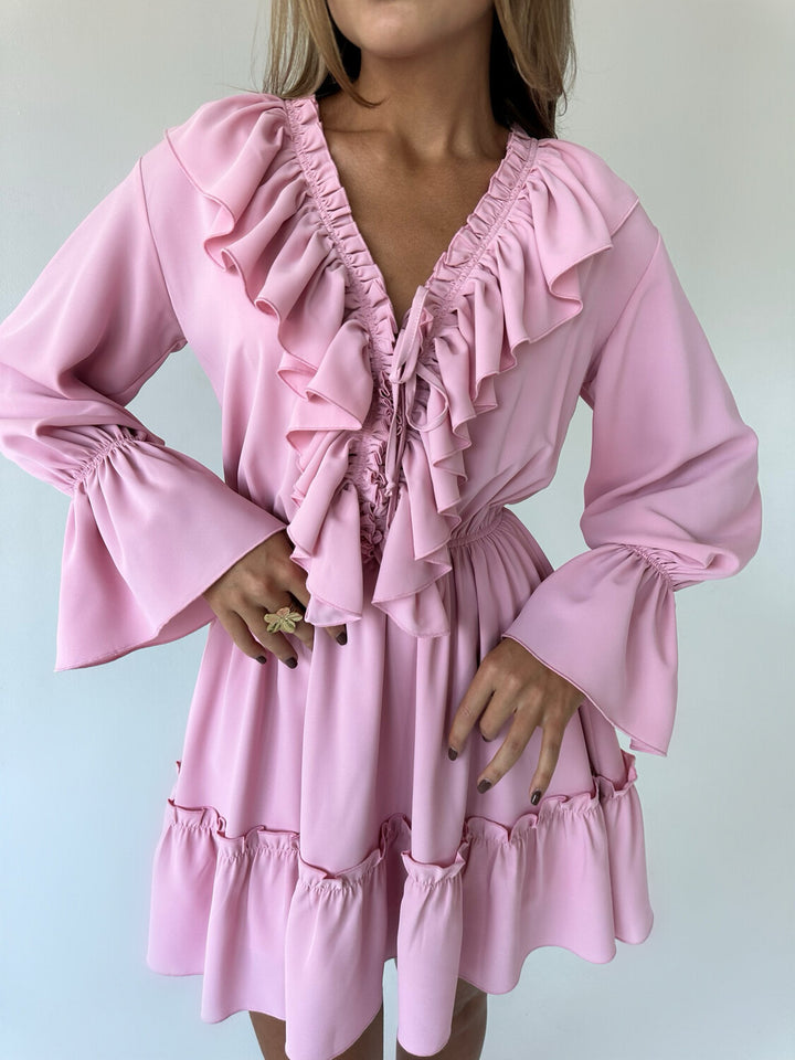 Playful ruffled dress for women with V-neckline and puff sleeves Lune London