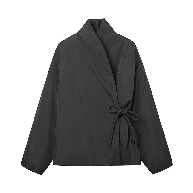 Ladies modular wrap jacket with adjustable design and high collar Lune London