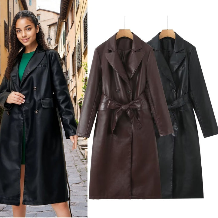 Synthetic leather trench coat for women with a waist belt and stylish pocket seams Lune London