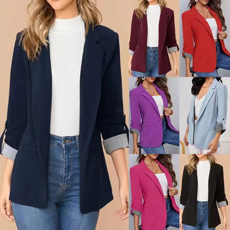 Fashionable women's blazer with roll-up sleeves and textured details Lune London