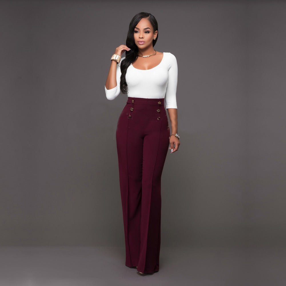 Women High-Waisted Palazzo Pants with Decorative Button Details Lune London