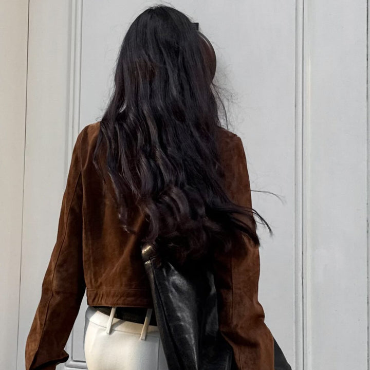 Women's suede jacket with modern high collar Lune London
