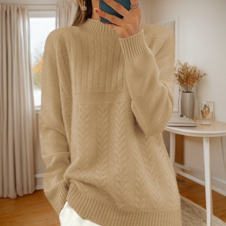 Knitted sweater for women with creative twisted pattern and high collar Lune London