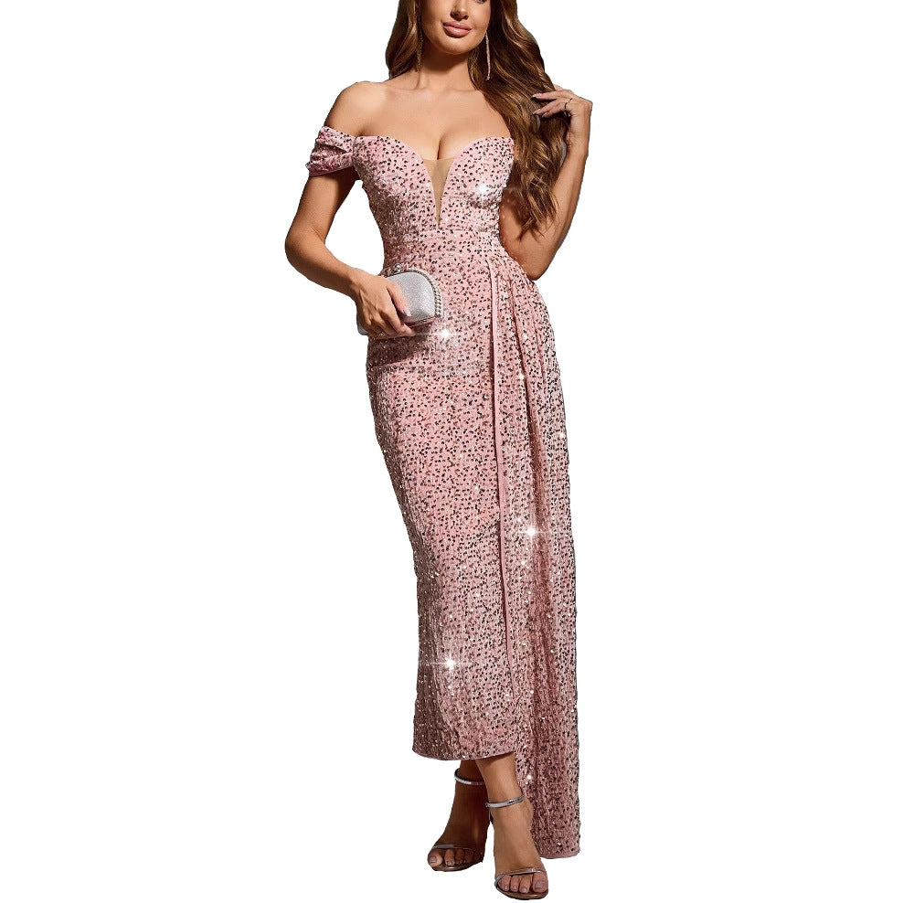 Sequin evening dress off-shoulder Lune London