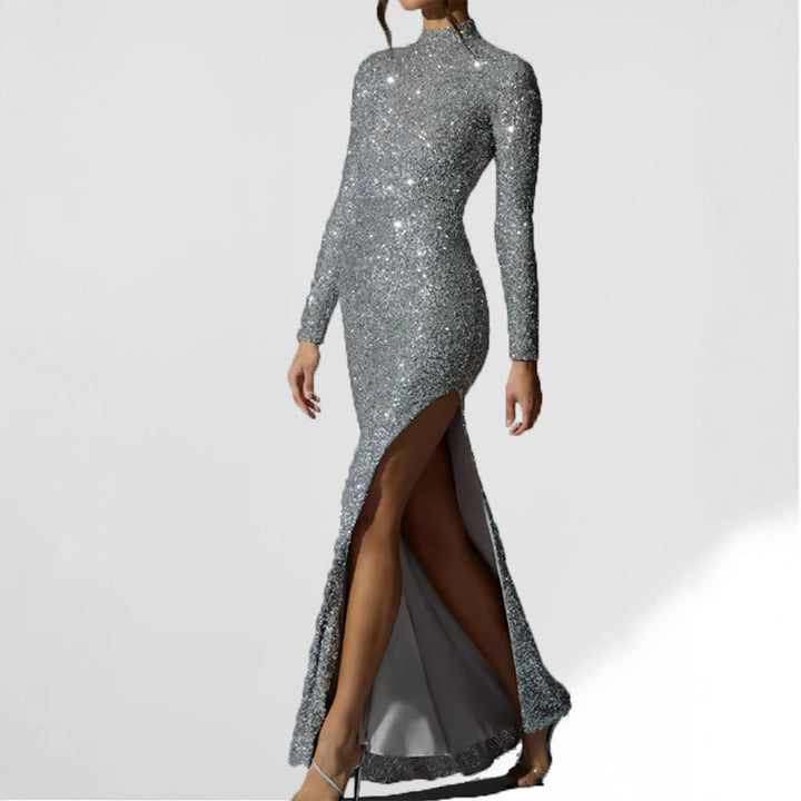 Women's Glamorous Evening Dress with Long Sleeve and Shimmering Slit