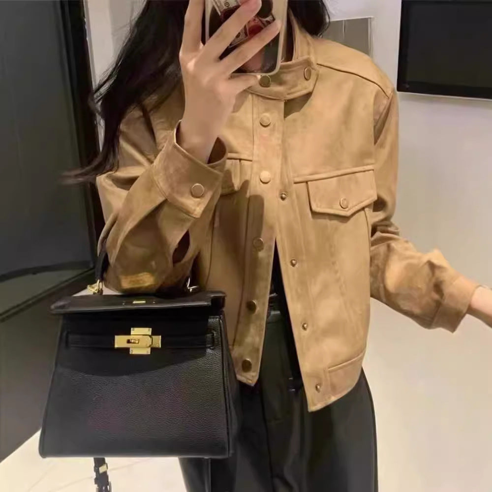 Cropped faux leather women's jacket with high collar and practical pockets Lune London