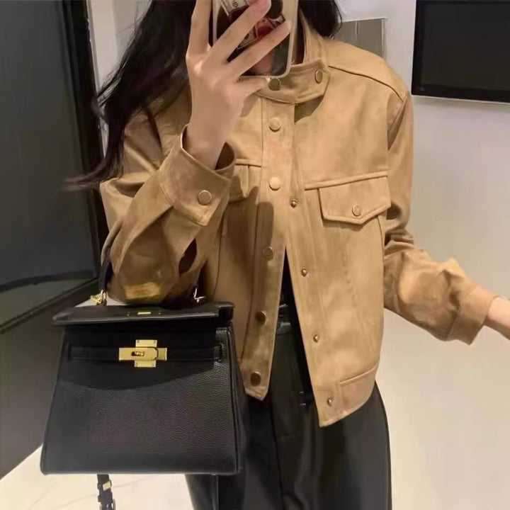 Cropped faux leather women's jacket with high collar and practical pockets Lune London