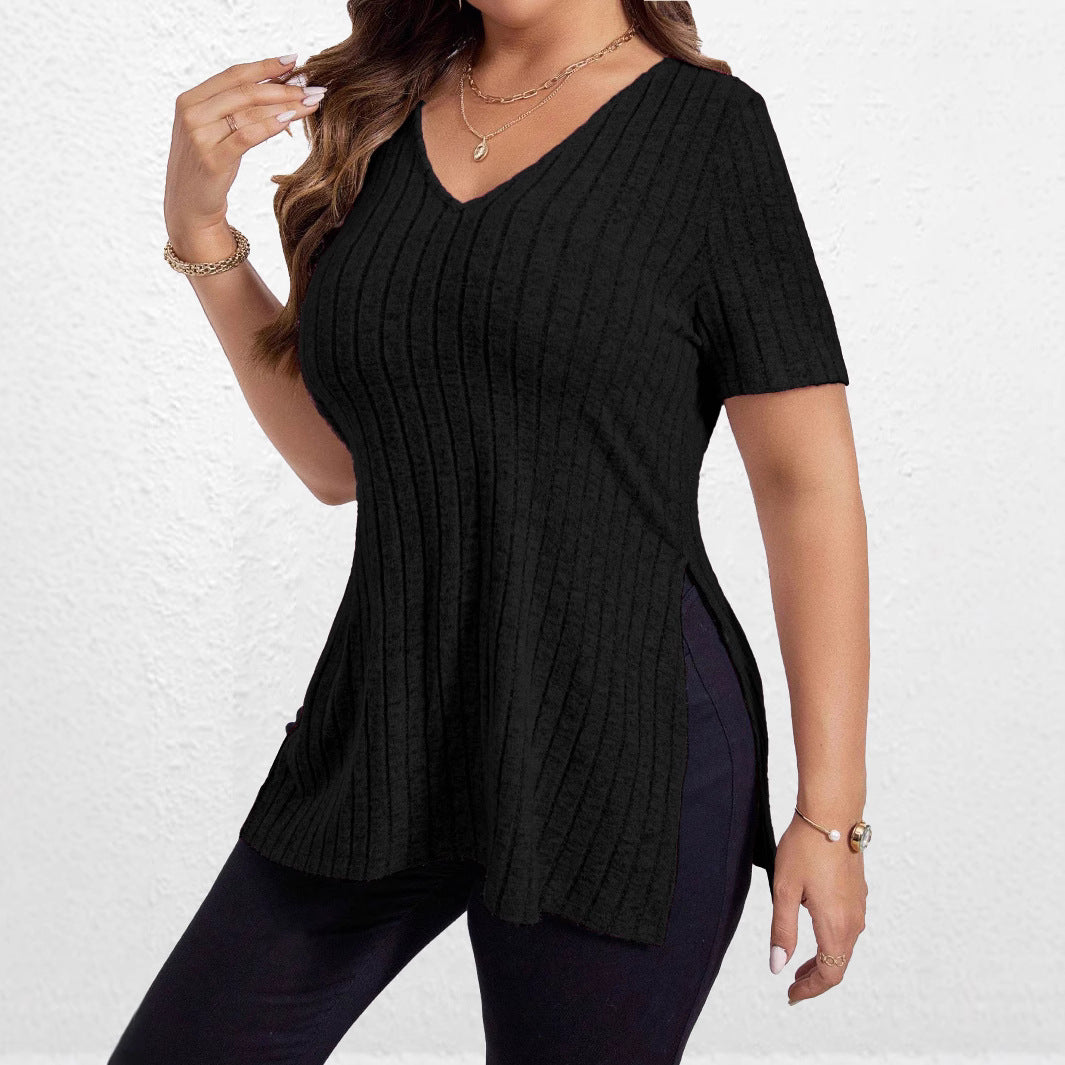 Ladies casual V-neck top with textured rib pattern Chic and Style