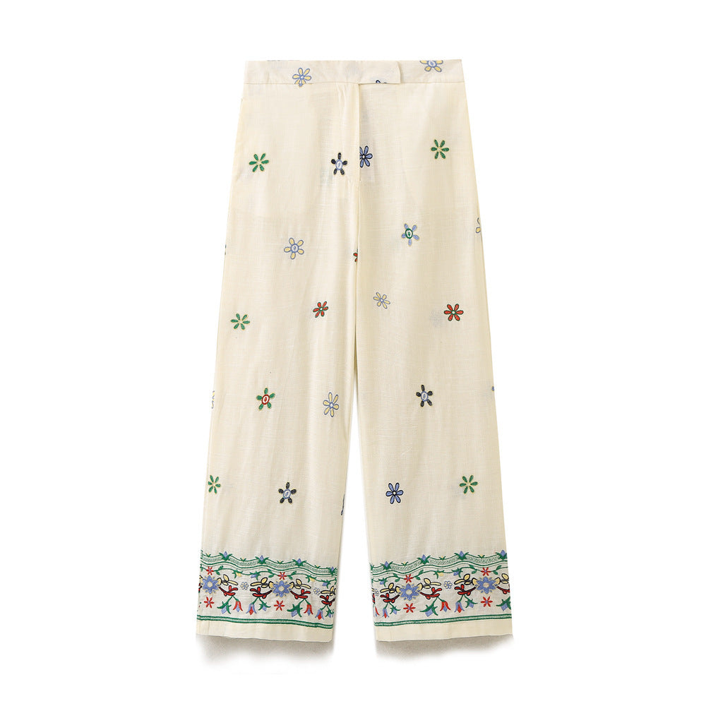 Women Elegant and Casual Wide Fabric Trousers with Embroidered Floral Design Lune London