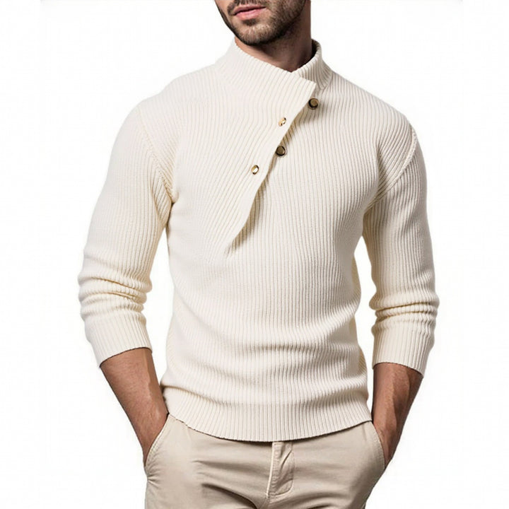 Trendy knitted pullover for men with high collar and asymmetric button placket Lune London