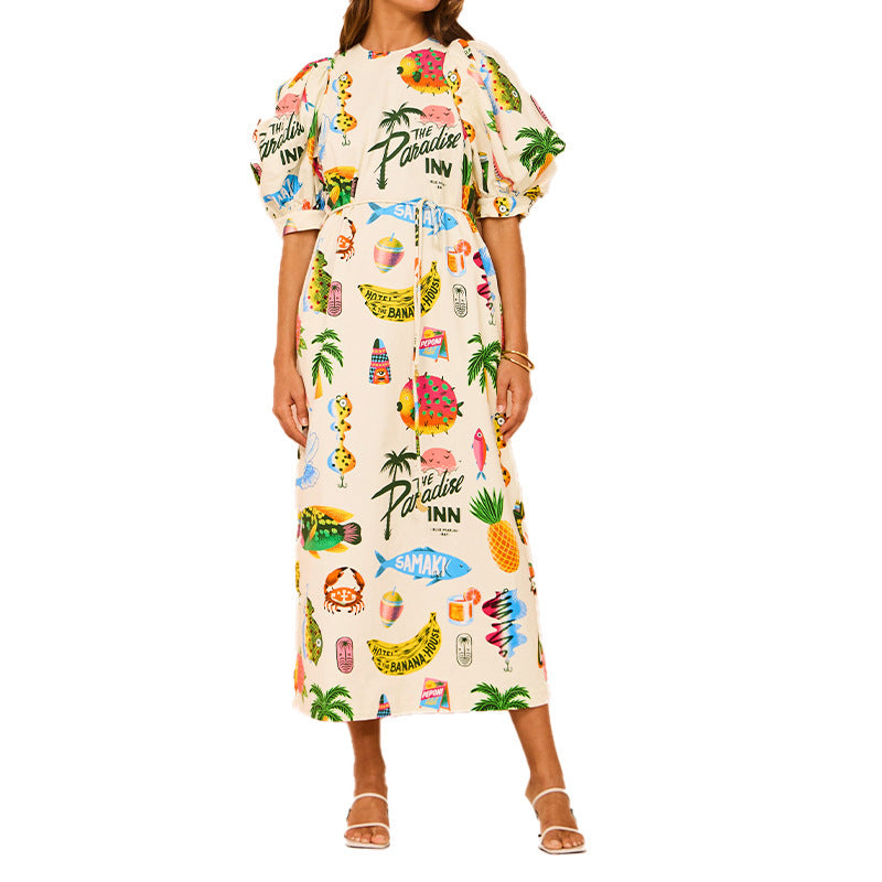 Robe Maxi Femme avec Manches Bouffantes et Imprimé Estival Coloré Chic & Stil