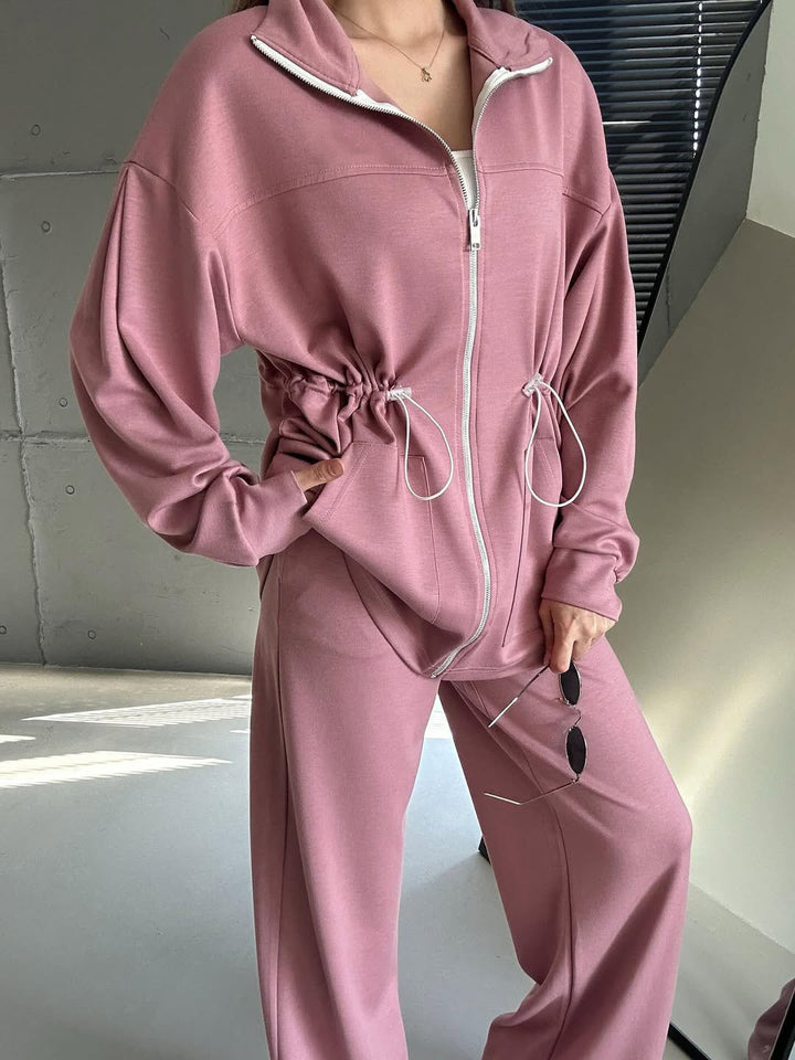 Elegant satin sports set for women with adjustable waist and high collar Lune London