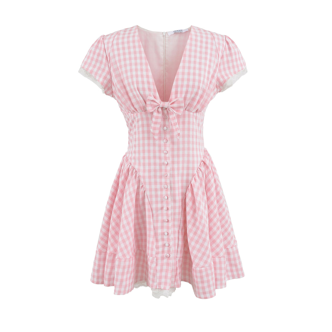 Checkered dress for women with a playful waist belt and ruched details Lune London