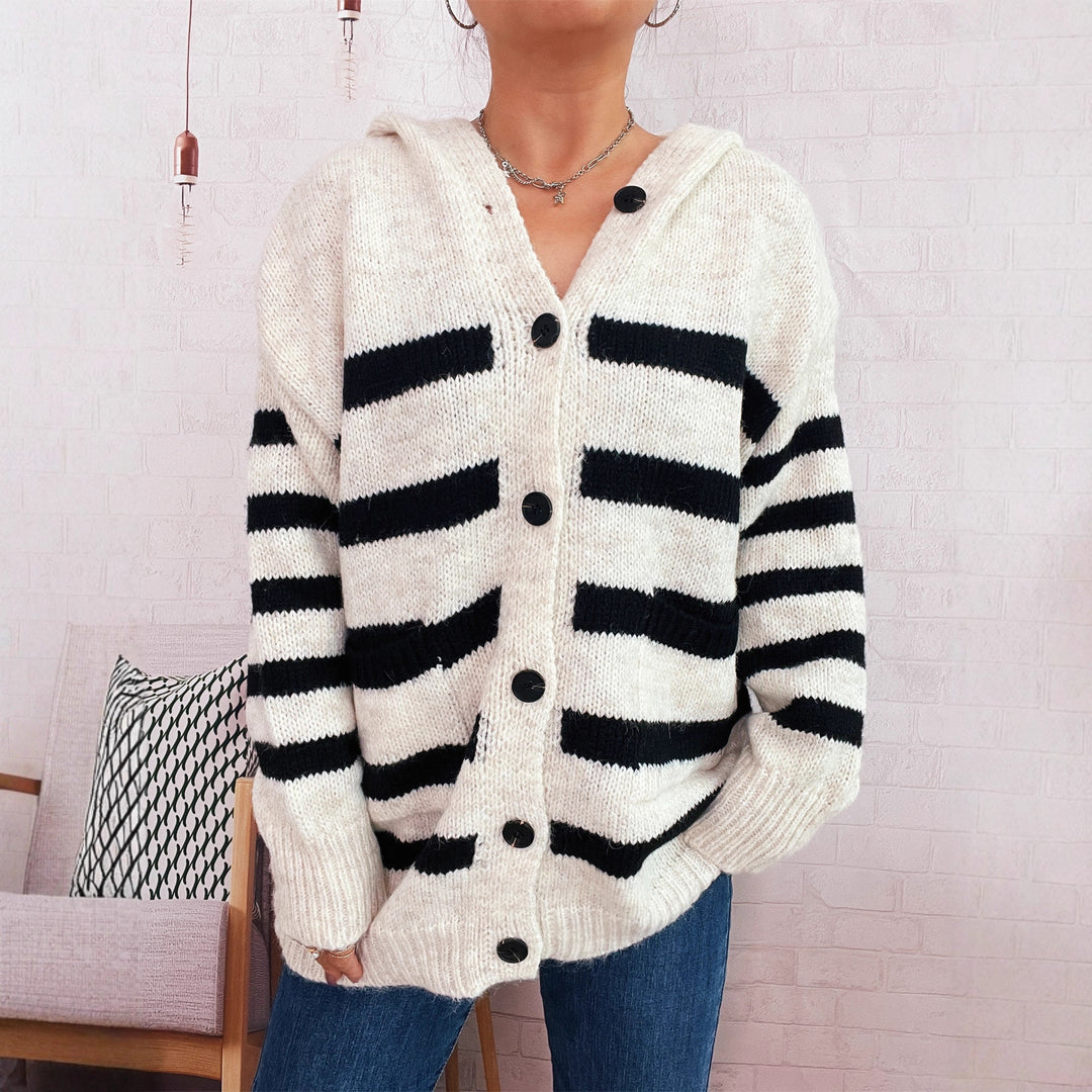 Cardigan décontracté en tricot pour femmes avec capuche et grandes rayures Chic & Stil