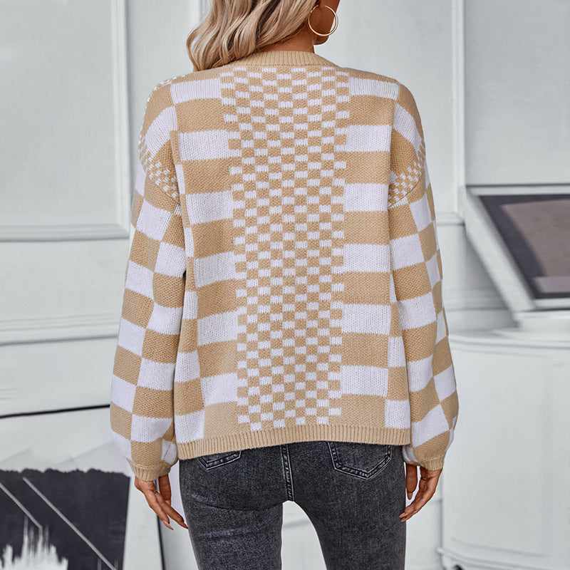 Lune London trendy check pattern casual cardigan for women