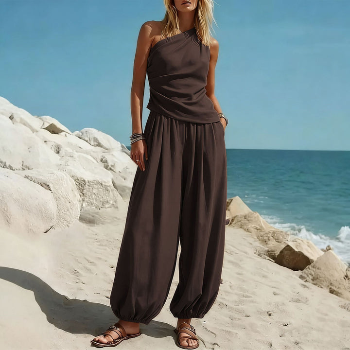 Ladies Elegant One-Piece Outfit with Flowing Cut and One-Shoulder Design Lune London