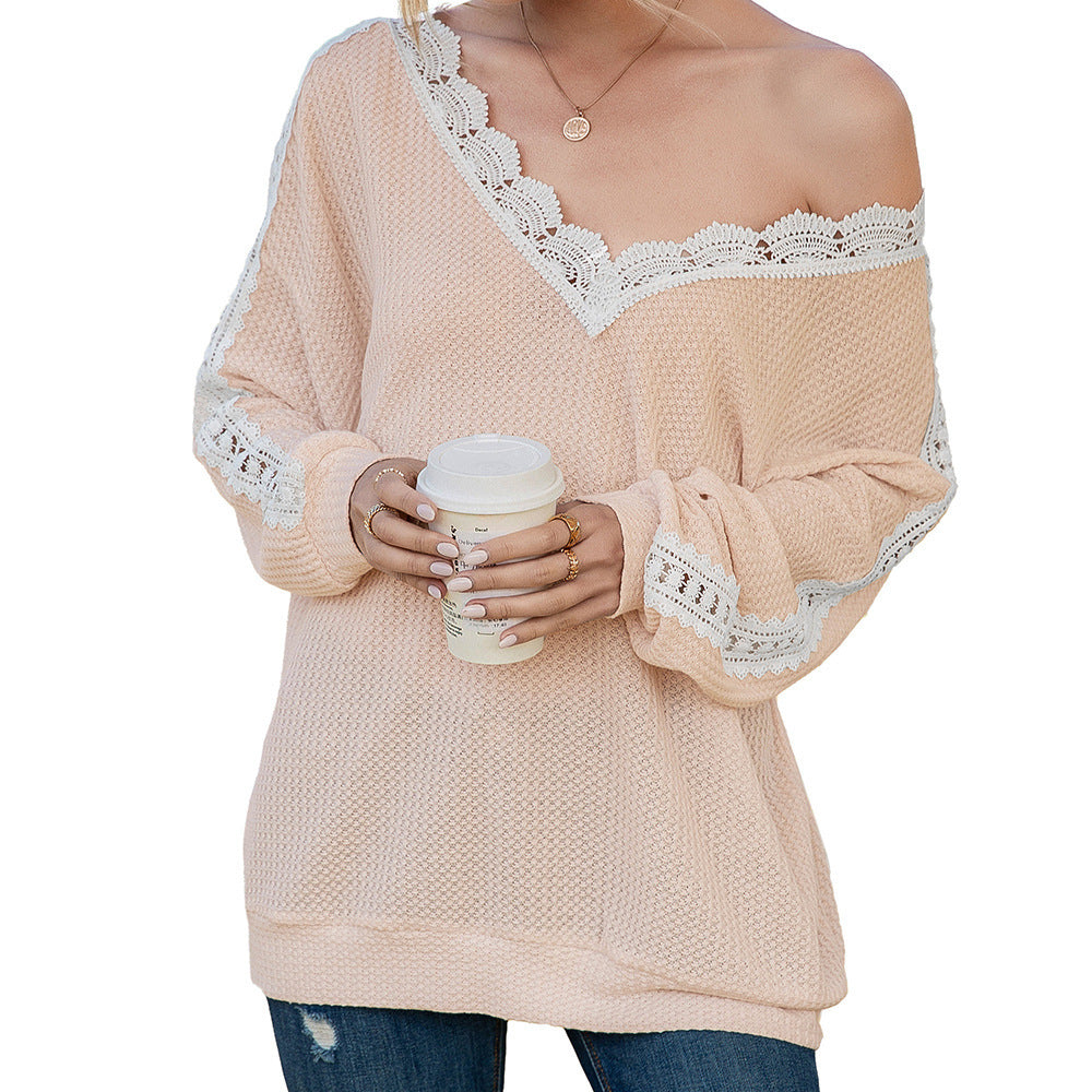 Casual sweater for women with lace and V-neck Lune London