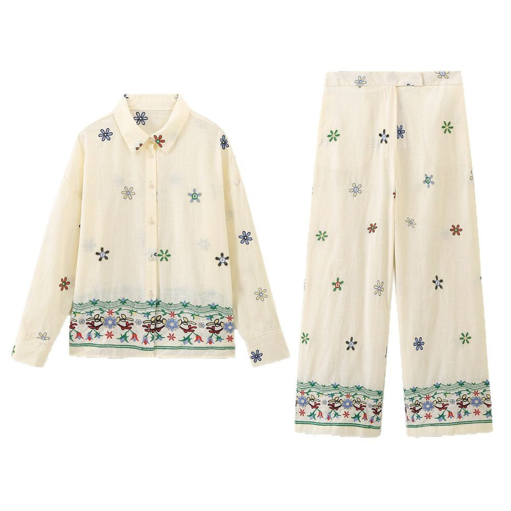 Women Elegant and Casual Wide Fabric Trousers with Embroidered Floral Design Lune London