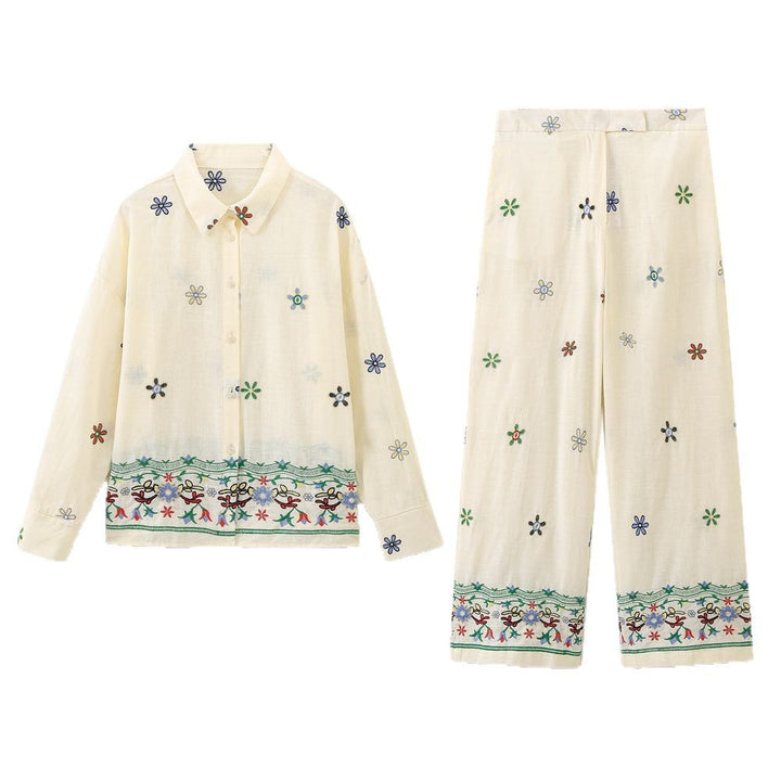 Women Elegant and Casual Wide Fabric Trousers with Embroidered Floral Design Lune London