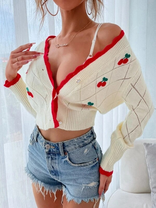 Ladies thick knitted cardigan with decorative cherry pattern Lune London