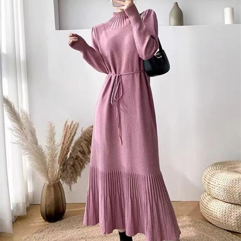 Knit dress for women with ribbed structure and waistband Lune London