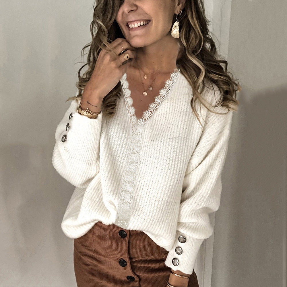 Wide knit sweater for women with V-neck and elegant button details Lune London