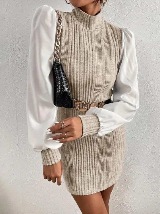 Knit dress for women with elegant puff sleeves and a high collar Lune London