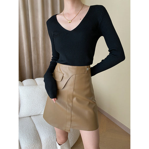 Women's fine rib long sleeve shirt with V-neck Chic & Stil