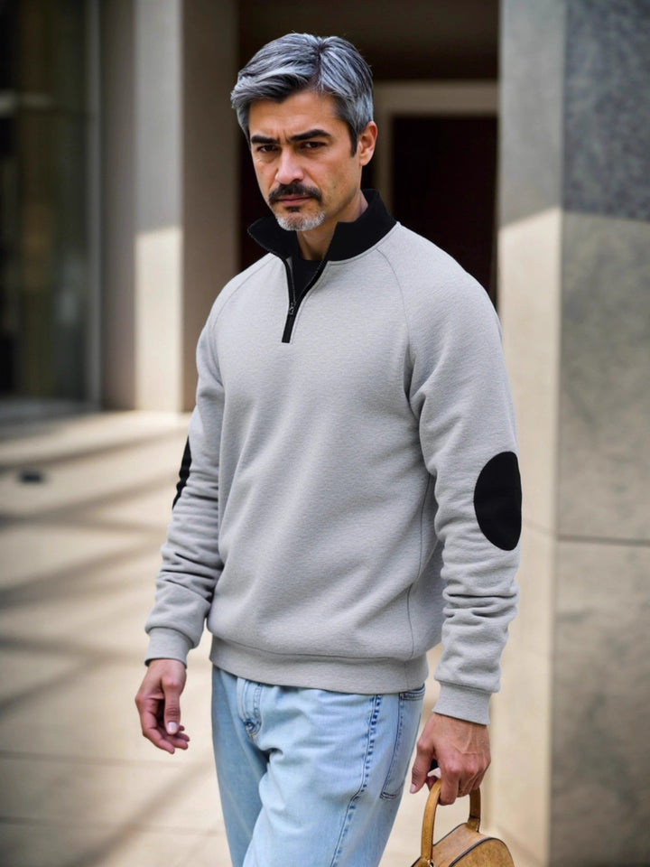 Sweat-mode sweater for men with functional zipper and contrasting elbow patches Lune London