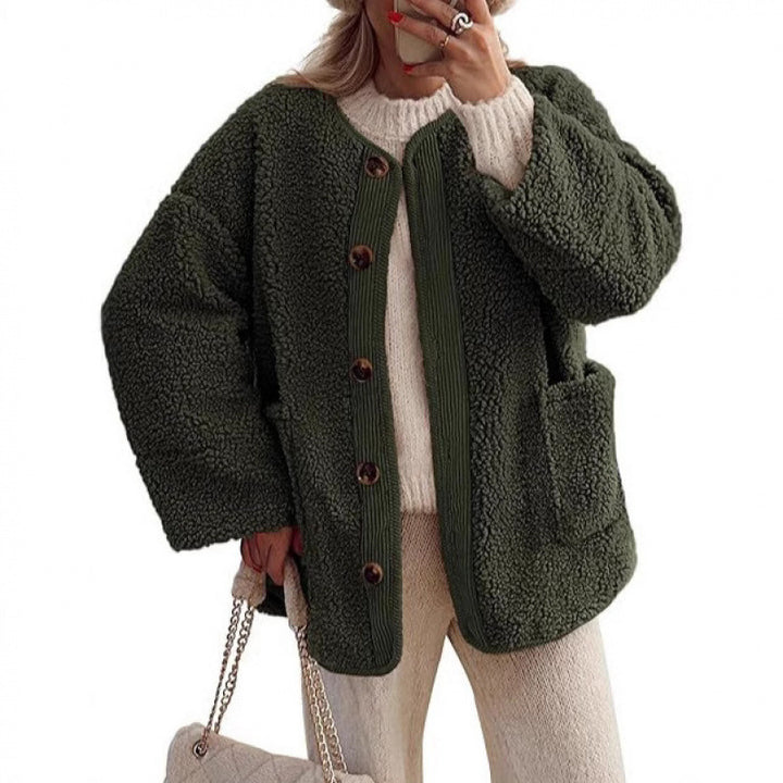 Ladies Cozy Teddy Jacket with Button Closure and Patch Pockets Lune London
