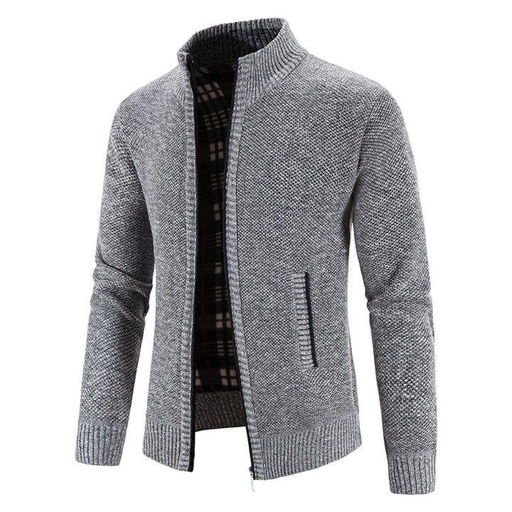Men's knit jacket with modern high collar and chic textured structure