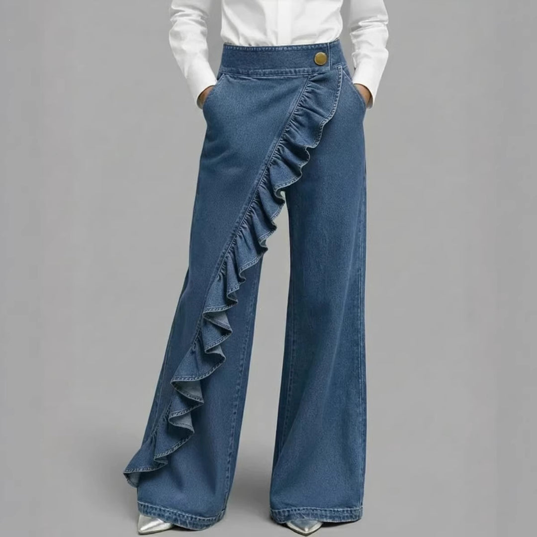 Women's Wide Jeans Pants with Ruffle Detail Chic & Stil