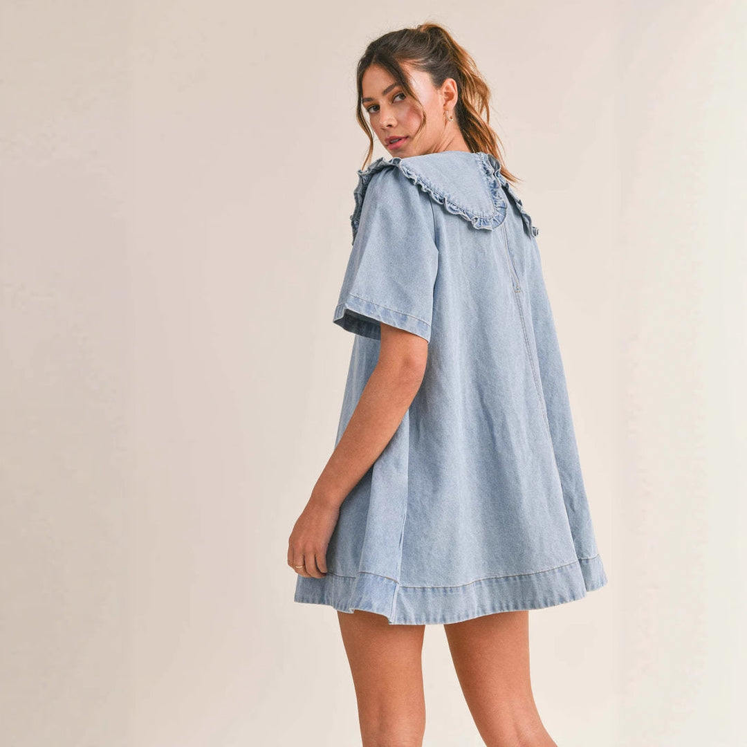 denim dress for women with voluminous collar and ruffle details Chic & Stil