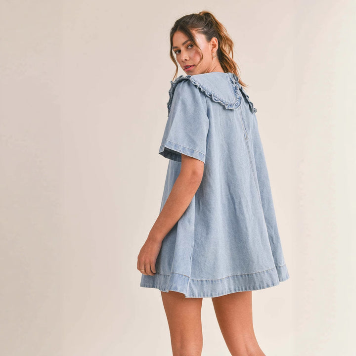 denim dress for women with voluminous collar and ruffle details Chic & Stil