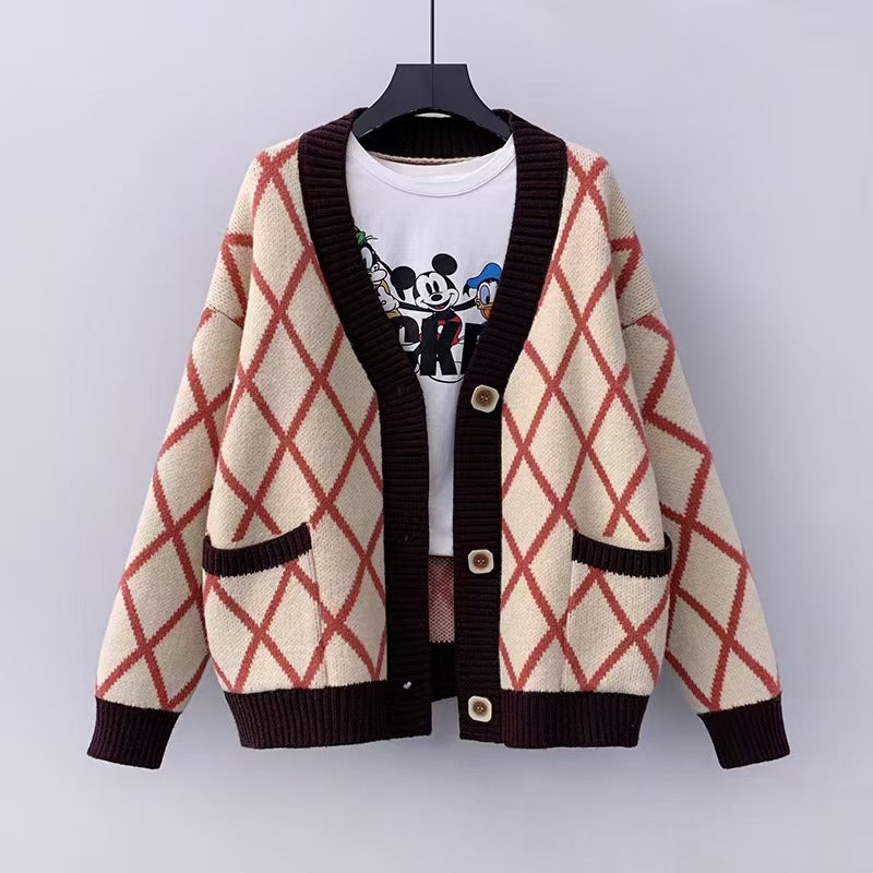 Ladies chunky knit checked pattern cardigan Lune London