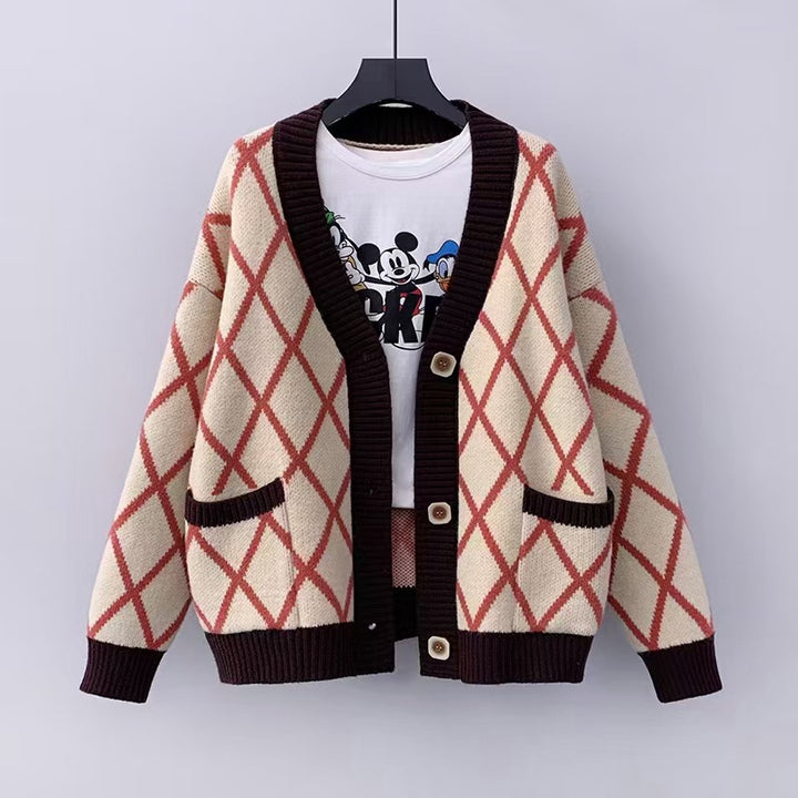 Ladies chunky knit checked pattern cardigan Lune London