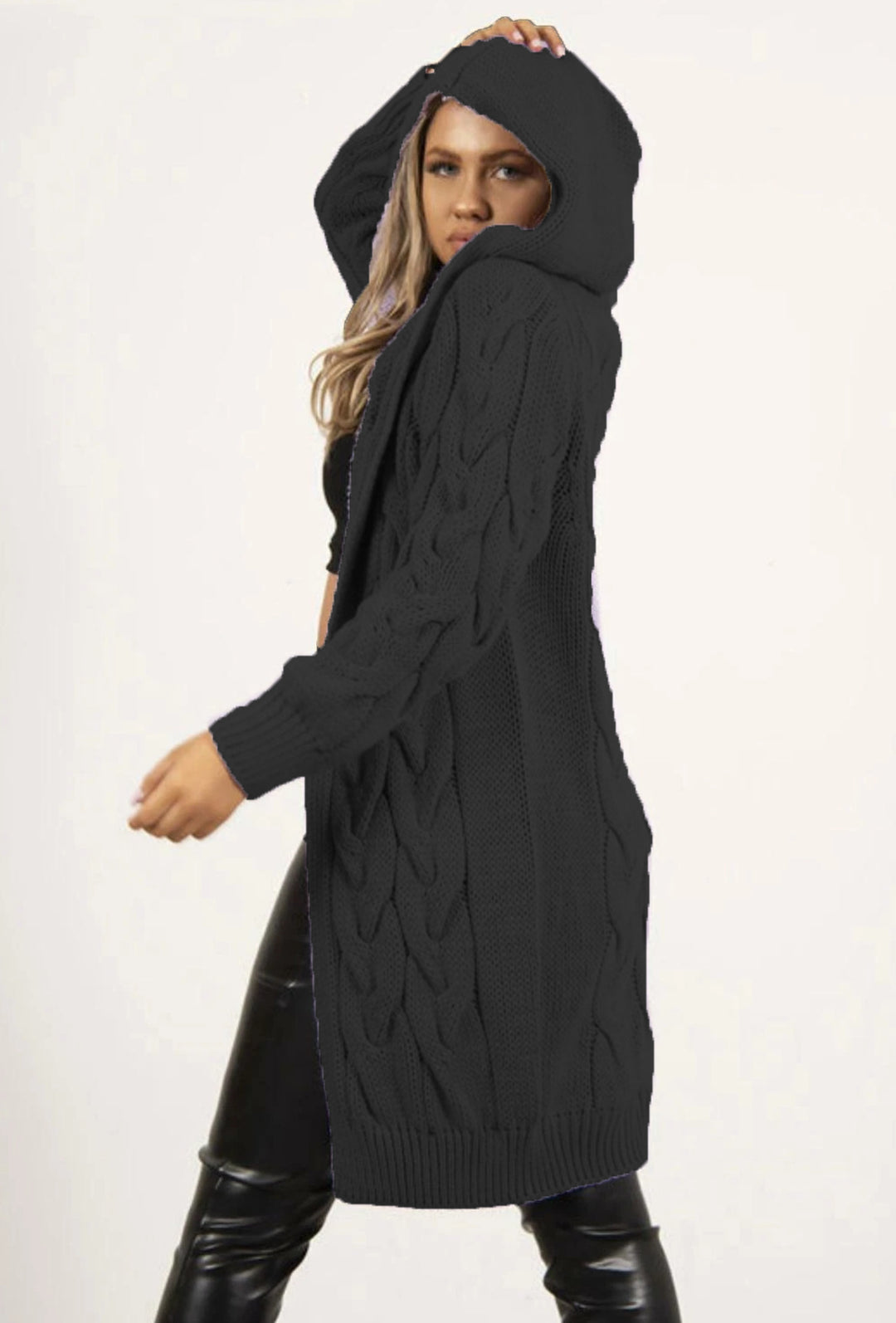 Ladies Chunky Knit Cardigan with Hood and Practical Pockets Lune London
