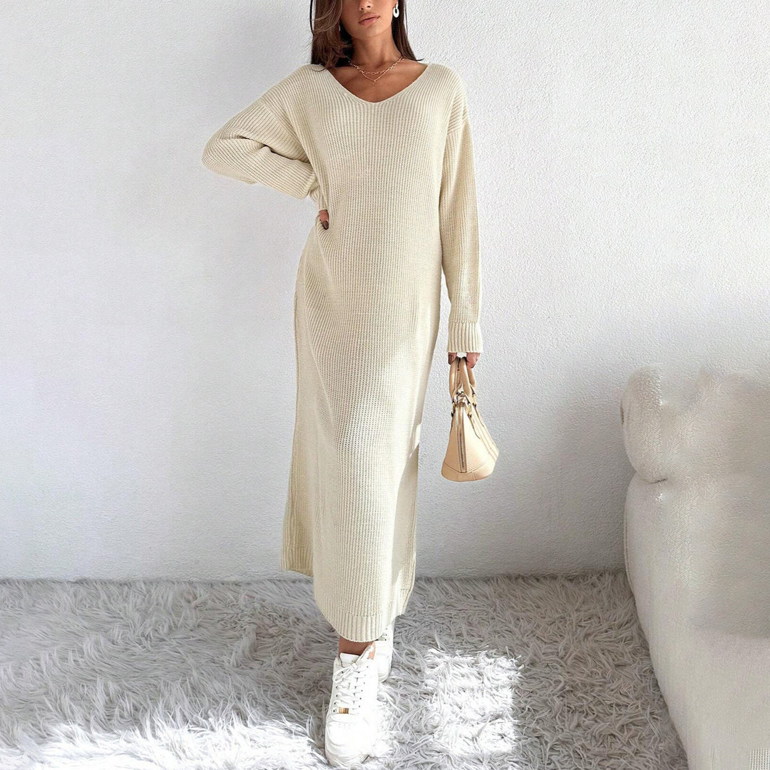 Casual knitted dress for women with an asymmetric cut and an elegant belt Lune London