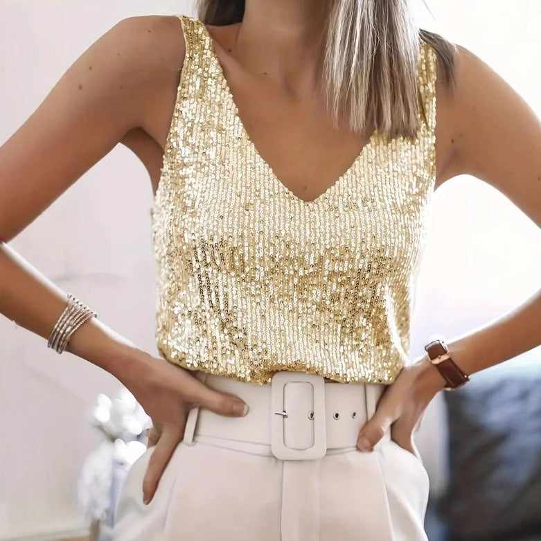 Women's Glittering Top with V-Neck and Sparkling Sequin Trim Lune London
