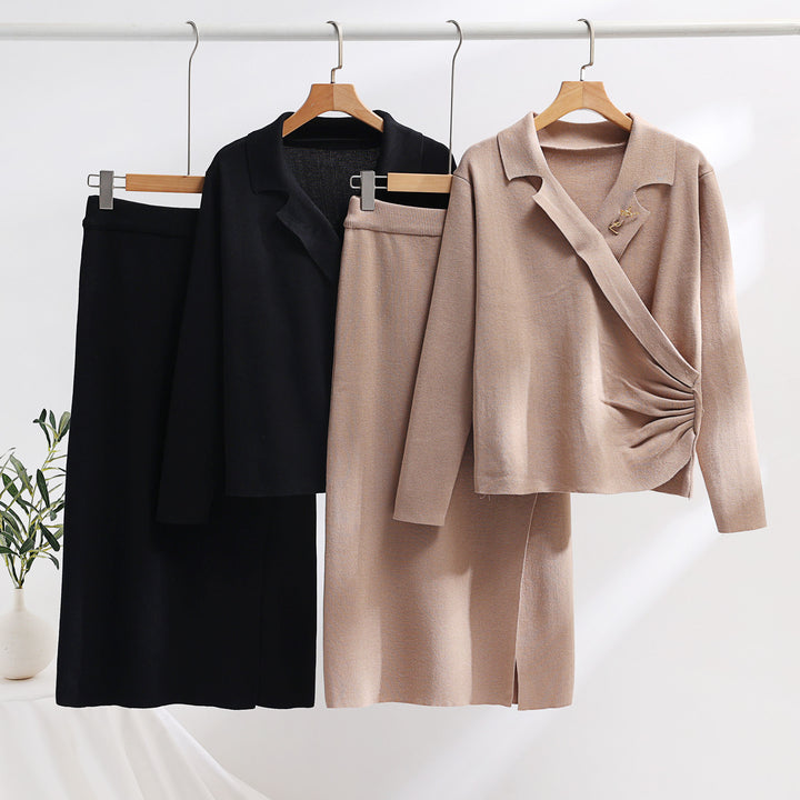 Elegant knit set for women with a wrap top and refined high waist Lune London