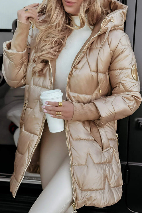 Ladies long quilted jacket with hood and practical pockets Lune London