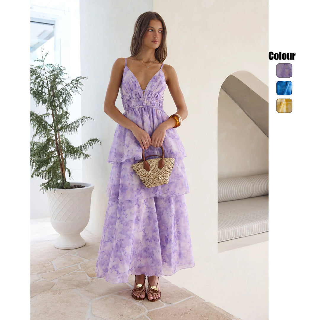 Women’s maxi dress with voluminous ruffle layers and V-neck