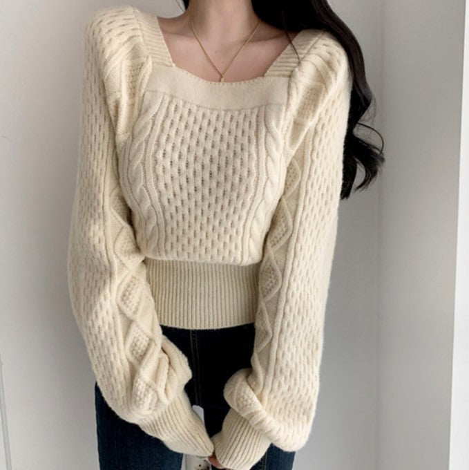 Pull femme en grosse maille avec des détails de tresse modernes et un col carré Lune London