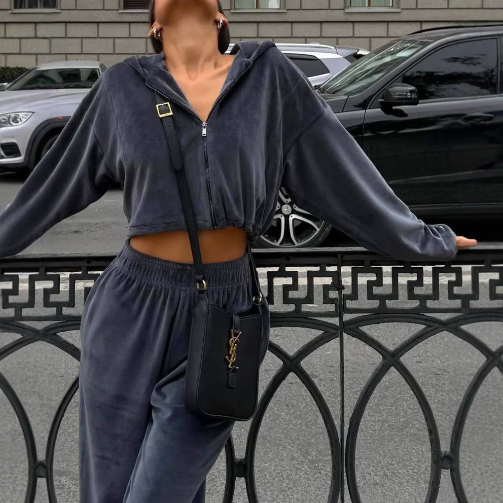 Ladies soft velvet hooded jumpsuit Lune London