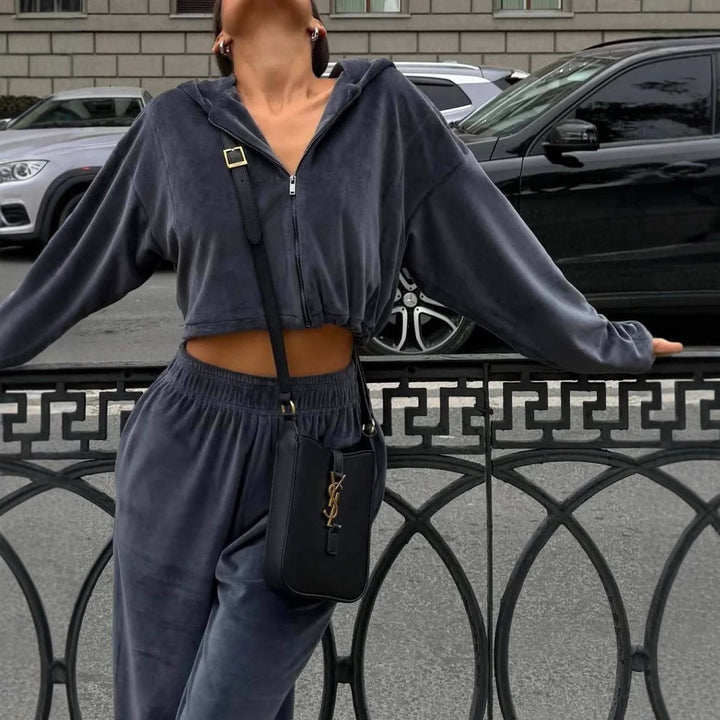 Ladies soft velvet hooded jumpsuit Lune London