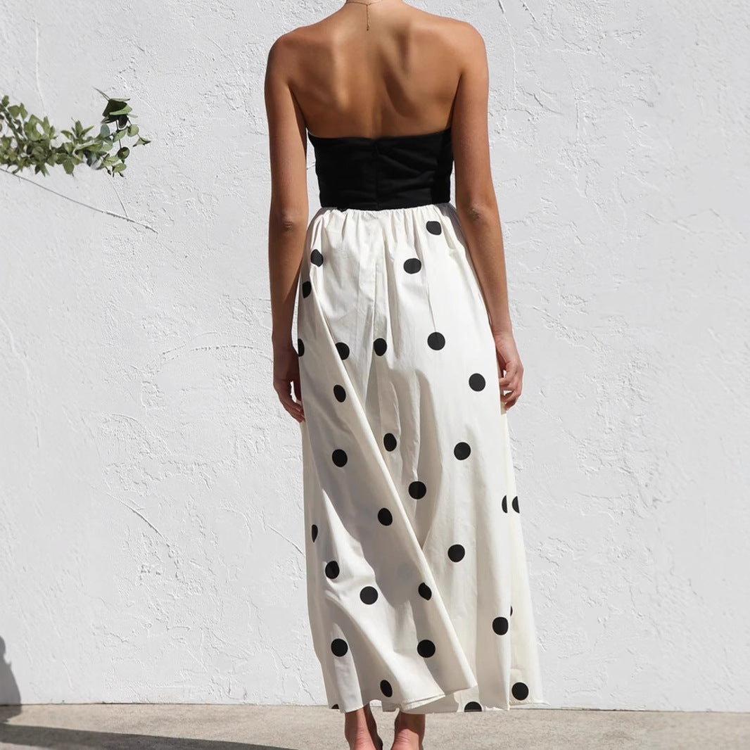 Maxi dress for women with strapless top and playful polka dot pattern Lune London