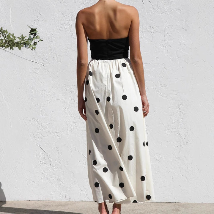 Maxi dress for women with strapless top and playful polka dot pattern Lune London